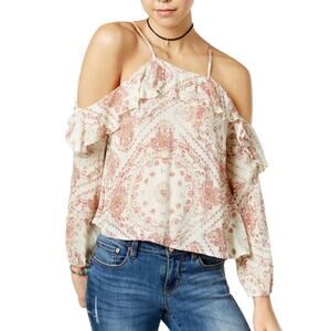 American Rag Cold Shoulder Blouse Womens 2X Cream & Pink Paisley Ruffles NWT